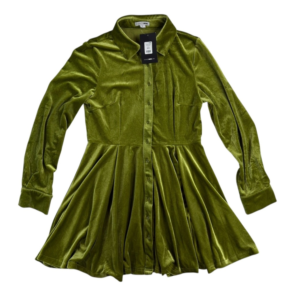 NEW Fashion Nova Phoebe Velvet Shirt Dress S Green Chartreuse Mini Luxe Mod
